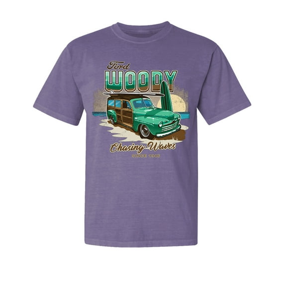 Wild Bobby, Chasing Waves Since 1946, Cars and Trucks, Garment-Dyed Washed Look Short Sleeve Tees, Purple, Small