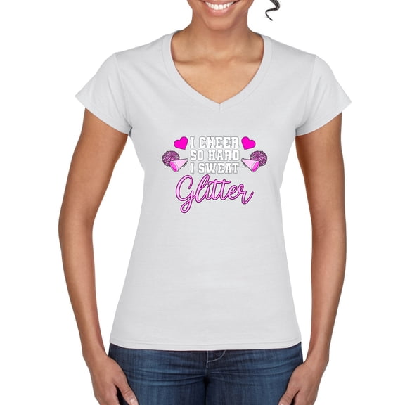 Wild Bobby, Cheer So Hard I Sweat Glitter Cheerleading Gift Team Squad, Pop Culture, Women Standard V-Neck Tee, White, Medium