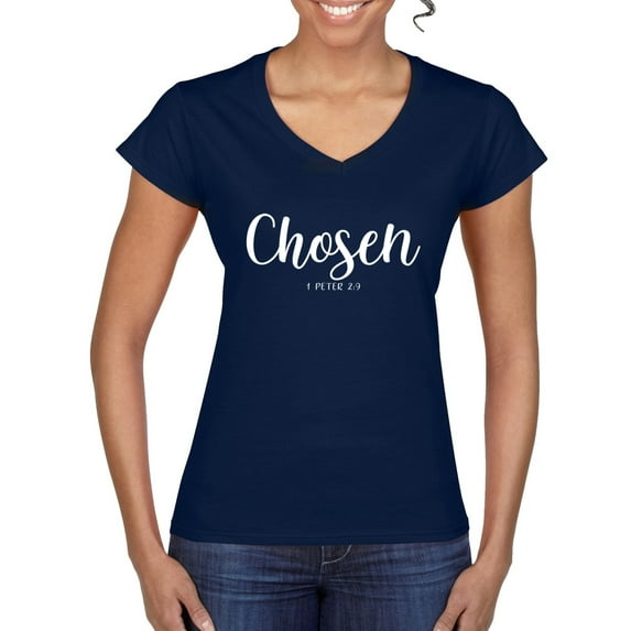 Wild Bobby Chosen 1 Peter 2:9 Inspirational/Christian Women Standard V-Neck Tee, Navy, Medium