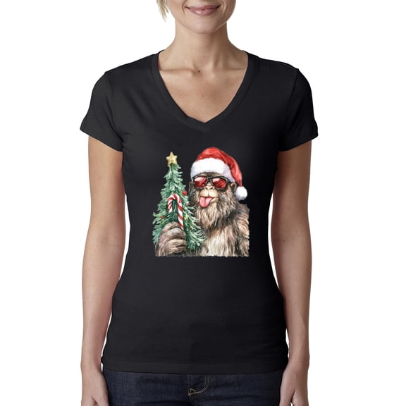 Wild Bobby Christmas Sasquatch, Big Foot, Funny Candy Cane Christmas Design Sweater | Holiday Women Junior Fit V-Neck Tee
