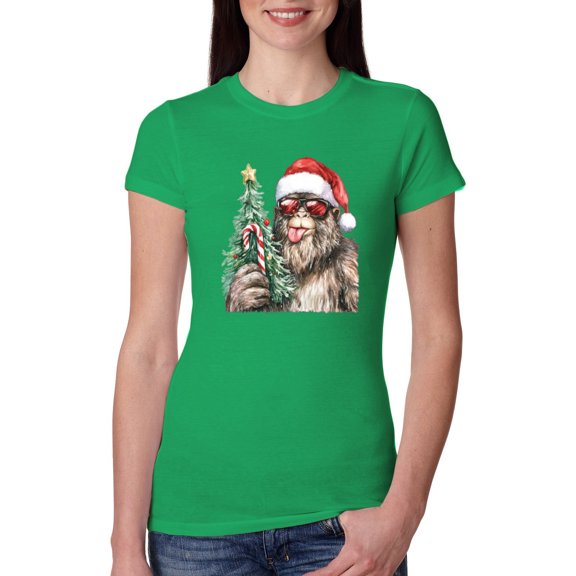 Wild Bobby Christmas Sasquatch, Big Foot, Funny Candy Cane Christmas Design Sweater | Holiday Women Slim Fit Junior Tee