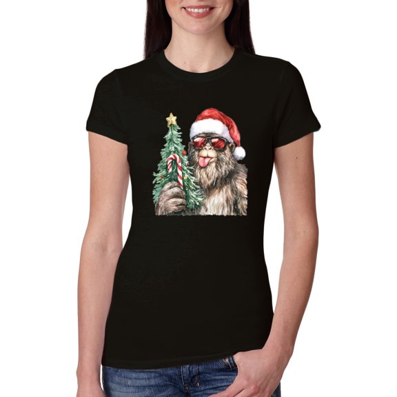 Wild Bobby Christmas Sasquatch, Big Foot, Funny Candy Cane Christmas Design Sweater | Holiday Women Slim Fit Junior Tee