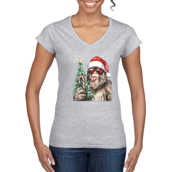 Wild Bobby Christmas Sasquatch, Big Foot, Funny Candy Cane Christmas Design Sweater | Holiday Women Standard V-Neck Tee