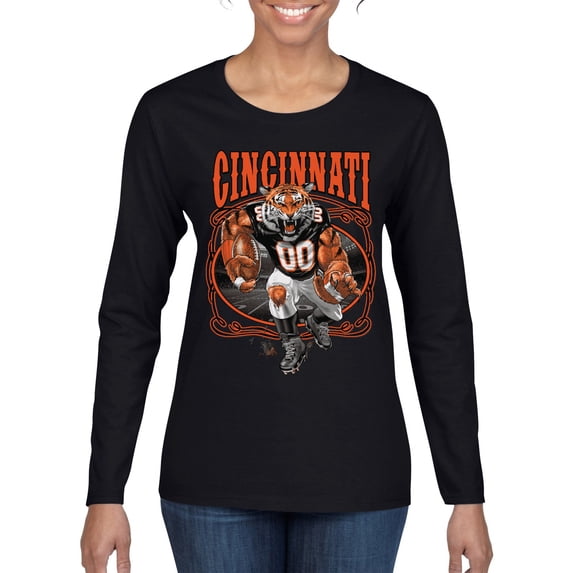 Wild Bobby Cincinnati Fan | CIN Fantasy Football Sports Women Graphic Long Sleeve Tee, Black, XX-Large