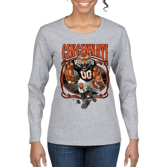 Wild Bobby Cincinnati Fan | CIN Fantasy Football Sports Women Graphic Long Sleeve Tee, Heather Grey, Medium