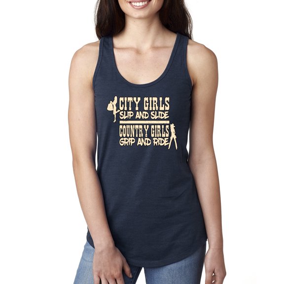 Wild Bobby, City Girls Slip & Slide, Country Girls Grip & Ride, Pop Culture, Women Racerback Tank Top, Navy, X-Large
