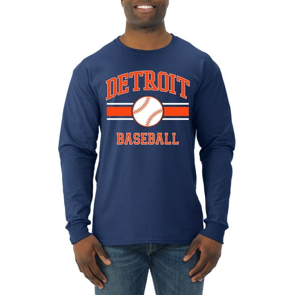 Wild Bobby City of Detroit Baseball Fantasy Fan Sports Men's Long Sleeve T-Shirt, Navy, Large