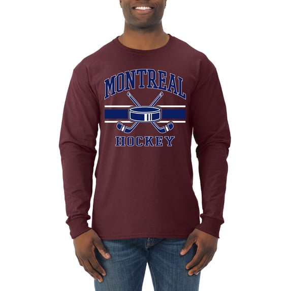 Wild Bobby City of Montreal Hockey Fantasy Fan Sports Men's Long Sleeve Shirt, Maroon, Medium