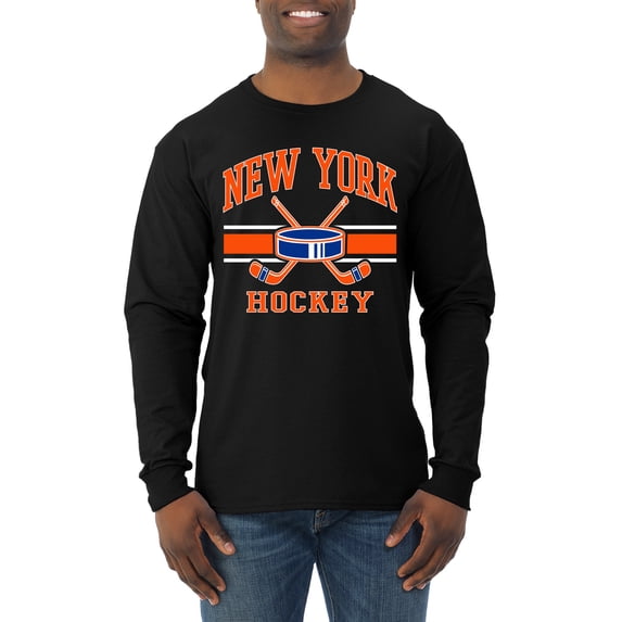 Wild Bobby City of New York Hockey Fantasy Fan Sports Men's Long Sleeve Shirt, Black, X-Large