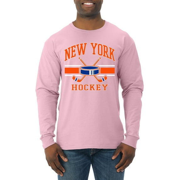 Wild Bobby City of New York Hockey Fantasy Fan Sports Men's Long Sleeve Shirt, Light Pink, X-Large