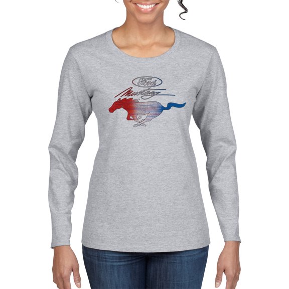 Wild Bobby, Classic Ford Mustang Car Logo, Cars and Trucks, Womens Graphic Long Sleeve T-Shirt, Heather Grey, Medium