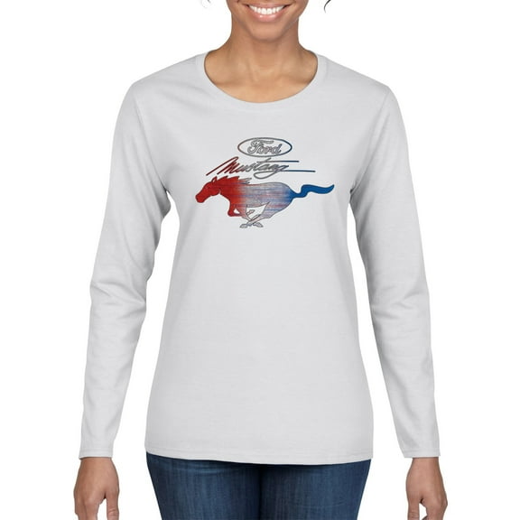 Wild Bobby, Classic Ford Mustang Car Logo, Cars and Trucks, Womens Graphic Long Sleeve T-Shirt, White, Medium