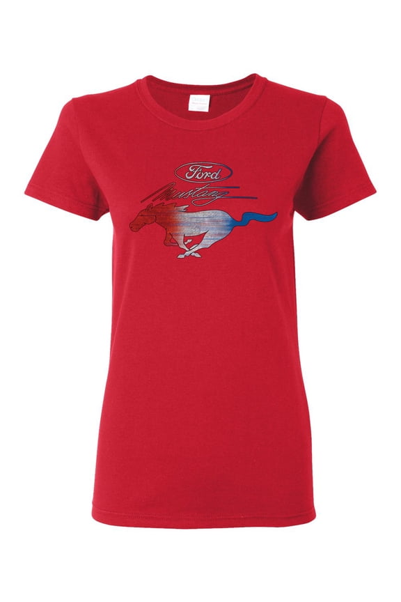 , Classic Ford Mustang Car Logo, Cars and Trucks, Womens Graphic T-Shirt, Red, Large