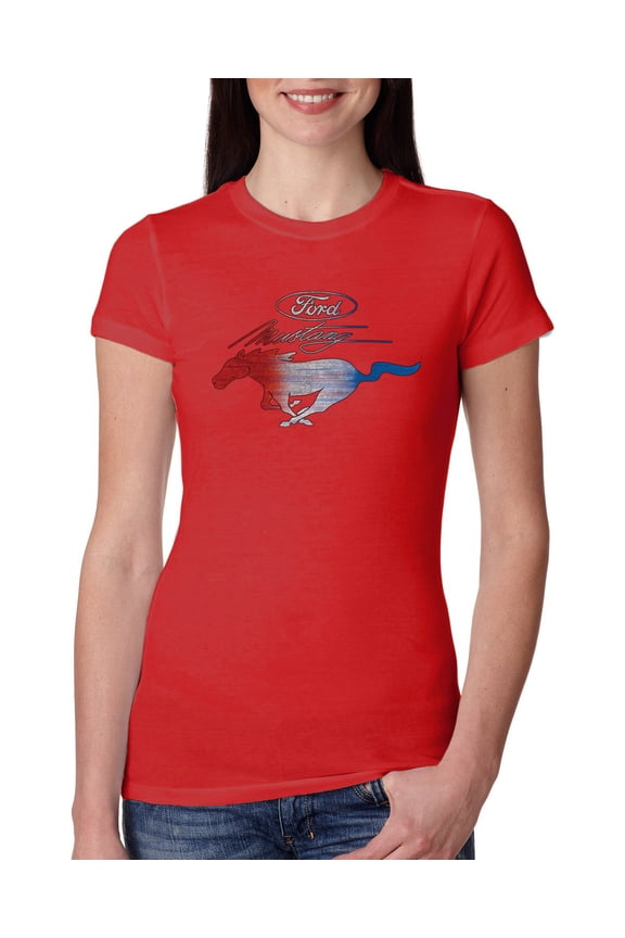 , Classic Ford Mustang Car Logo, Cars and Trucks, Womens Slim Fit Junior Tee, Red, Large