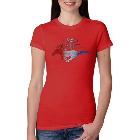 Wild Bobby, Classic Ford Mustang Car Logo, Cars and Trucks, Womens Slim Fit Junior Tee, Red, Medium