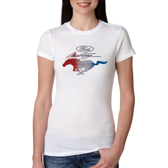 Wild Bobby, Classic Ford Mustang Car Logo, Cars and Trucks, Womens Slim Fit Junior Tee, White, Small