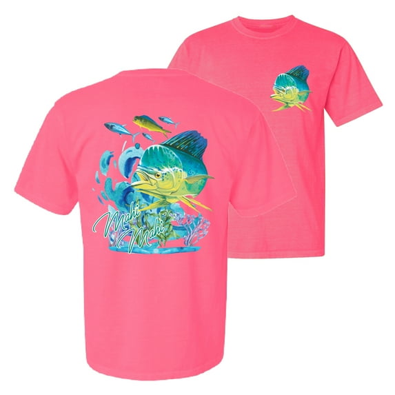 Wild Bobby, Classic Fresh Mahi Classic Nautical Fish, Fishing, Front and Back Garment-Dyed Short Sleeve Tees, Neon Pink, 2XL