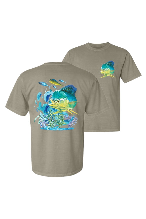 , Classic Fresh Mahi Classic Nautical Fish, Fishing, Front and Back Garment-Dyed Short Sleeve Tees, Sand, Small