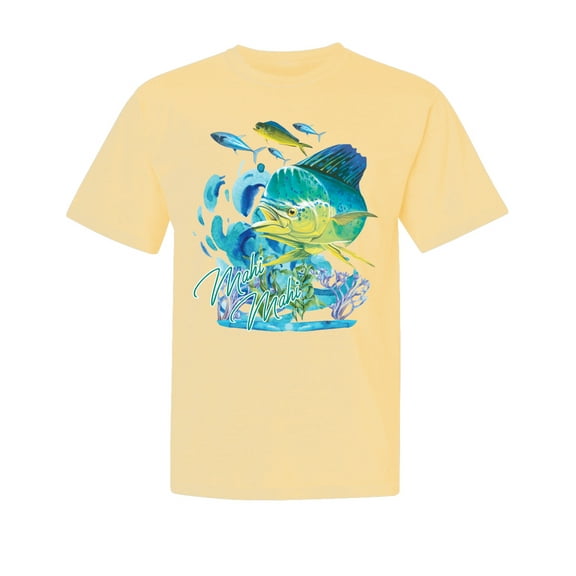 Wild Bobby, Classic Fresh Mahi Classic Nautical, Fish, Garment-Dyed Washed Look Short Sleeve Tees, Banana, Small