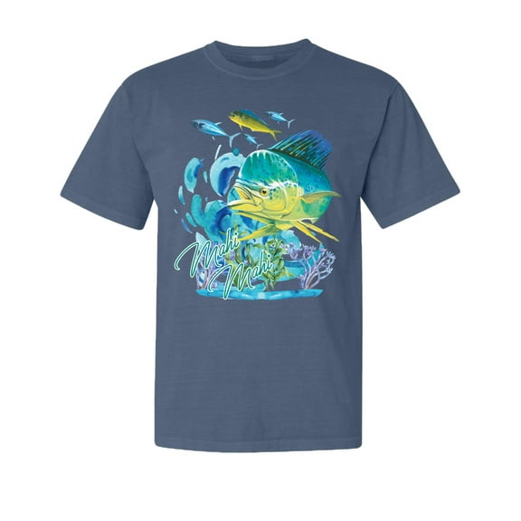 Wild Bobby, Classic Fresh Mahi Classic Nautical, Fish, Garment-Dyed Washed Look Short Sleeve Tees, Navy, X-Large