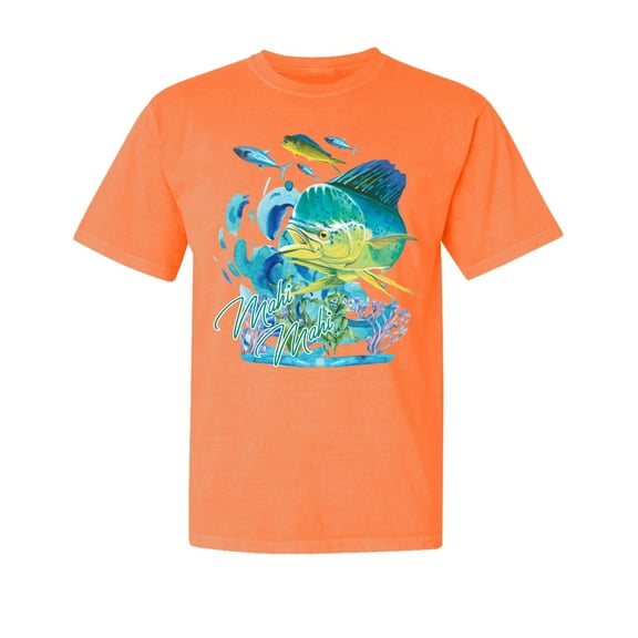 Wild Bobby, Classic Fresh Mahi Classic Nautical, Fish, Garment-Dyed Washed Look Short Sleeve Tees, Neon Orange, Small