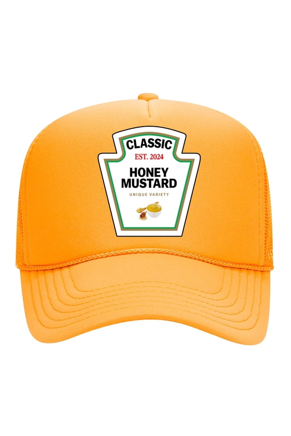Classic Hot Honey Mustard Sauce Funny Condiment Cap DIY Costume Hat - Halloween Foam Mesh Back Trucker Hat for Men and Women