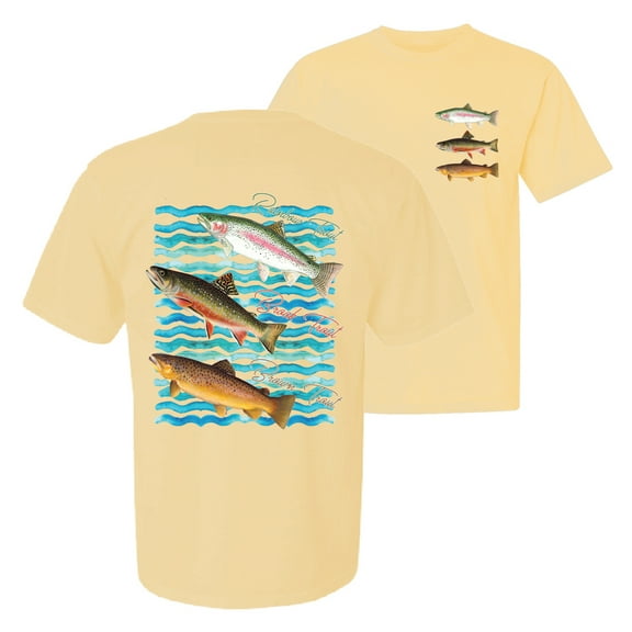 Wild Bobby, Classic Rainbow Brook Brown Trout Fish Trio, Fishing, Front and Back Garment-Dyed Short Sleeve Tees, Banana, Large