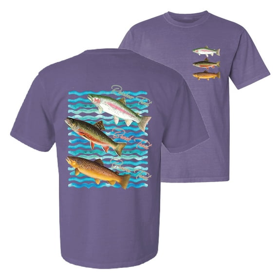 Wild Bobby, Classic Rainbow Brook Brown Trout Fish Trio, Fishing, Front and Back Garment-Dyed Short Sleeve Tees, Purple, Small
