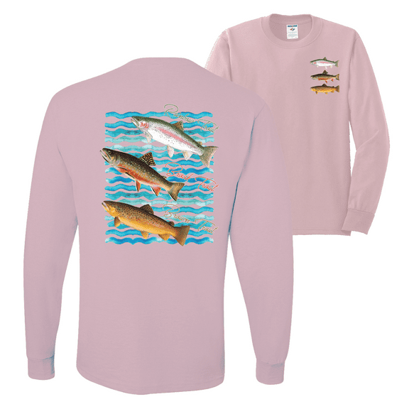 Wild Bobby, Classic Rainbow Brook Brown Trout Fish Trio Fishing Mens Long Sleeve Shirt