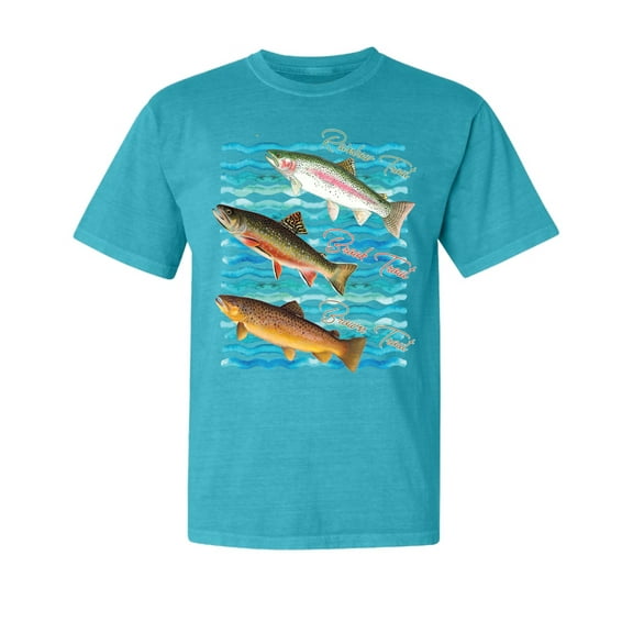 Wild Bobby, Classic Rainbow Brook Brown Trout, Fish, Trio Garment-Dyed Washed Look Short Sleeve Tees, Blue Lagoon, Large