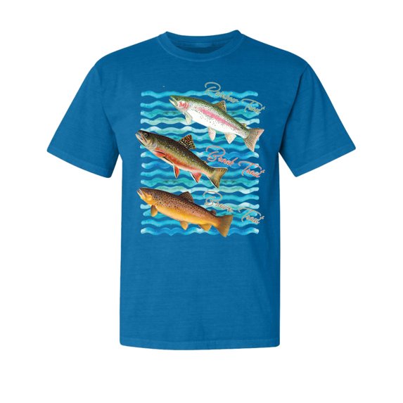 Wild Bobby, Classic Rainbow Brook Brown Trout, Fish, Trio Garment-Dyed Washed Look Short Sleeve Tees, Cobalt, Medium