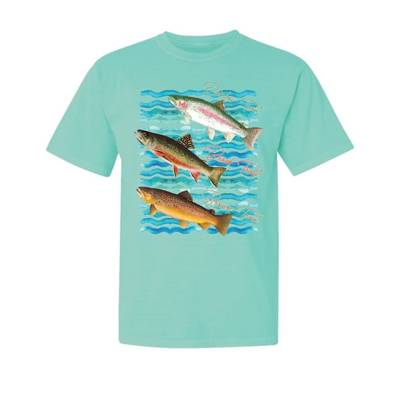 Wild Bobby, Classic Rainbow Brook Brown Trout, Fish, Trio Garment-Dyed Washed Look Short Sleeve Tees, Mint, Large