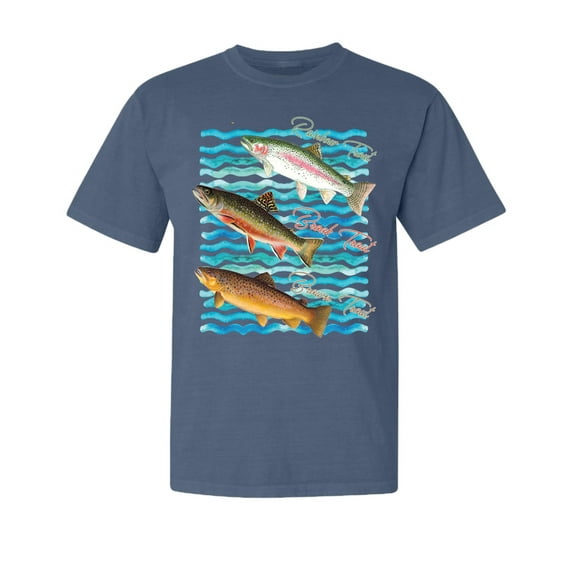 Wild Bobby, Classic Rainbow Brook Brown Trout, Fish, Trio Garment-Dyed Washed Look Short Sleeve Tees, Navy, Medium