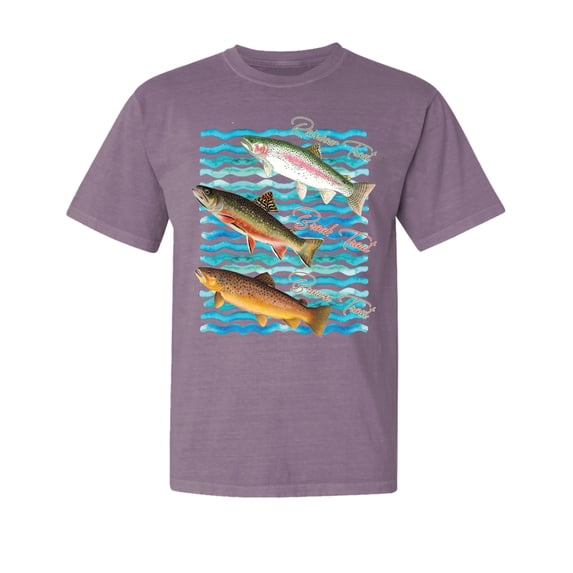 Wild Bobby, Classic Rainbow Brook Brown Trout, Fish, Trio Garment-Dyed Washed Look Short Sleeve Tees, Rosewood, Medium