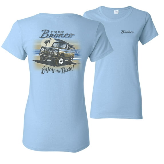 Wild Bobby,Classic Vintage Ford Bronco Enjoy the Ride Cars and Trucks Front and Back Womens Graphic T-Shirt, Light Blue, Medium