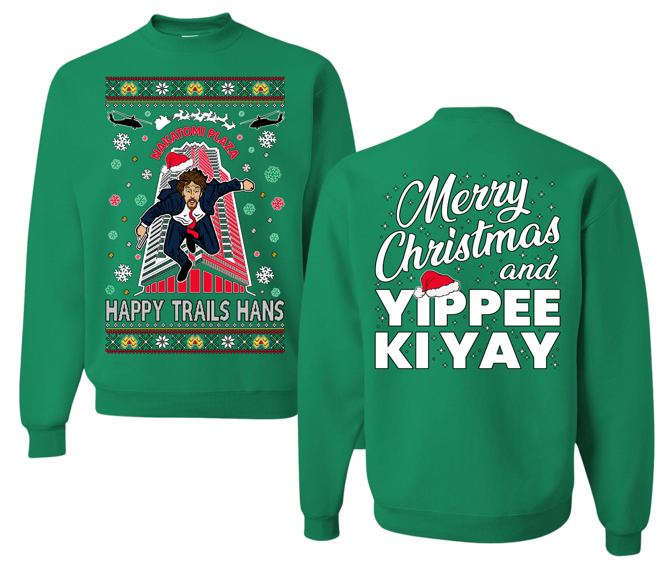 Shark & Hammer 'Nakatomi Plaza Happy Trails Hans' Ugly Christmas Sweatshirt - Unisex Crewneck, Funny Die Hard Design