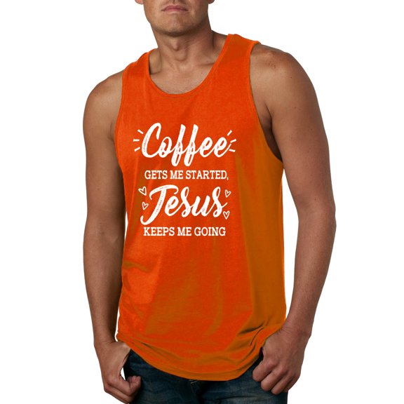 Wild Bobby Coffee Gets Me Started Jesus Keeps Me Going Inspirational/Christian Men Graphic Tank Top, Orange, Small