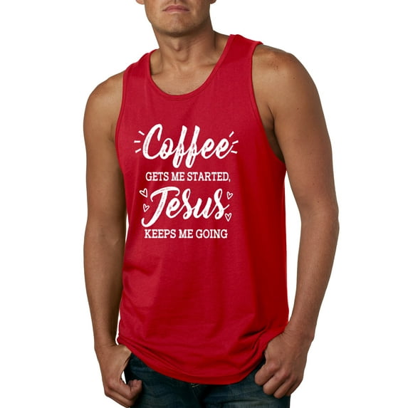 Wild Bobby Coffee Gets Me Started Jesus Keeps Me Going Inspirational/Christian Men Graphic Tank Top, Red, XX-Large