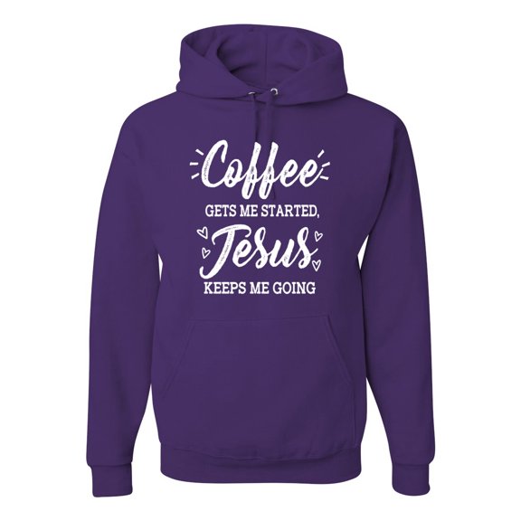 Wild Bobby Coffee Gets Me Started Jesus Keeps Me Going Inspirational/Christian Unisex Graphic Hoodie Sweatshirt, Purple, Medium