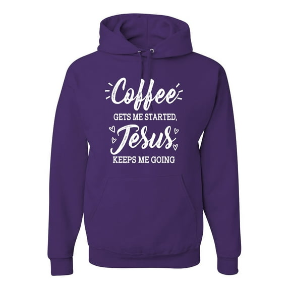 Wild Bobby Coffee Gets Me Started Jesus Keeps Me Going Inspirational/Christian Unisex Graphic Hoodie Sweatshirt, Purple, Small