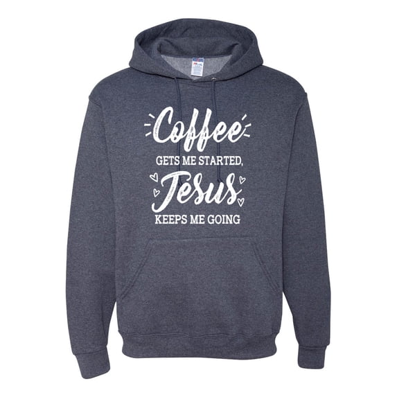 Wild Bobby Coffee Gets Me Started Jesus Keeps Me Going Inspirational/Christian Unisex Graphic Hoodie Sweatshirt, Vintage Heather Navy, 3X-Large
