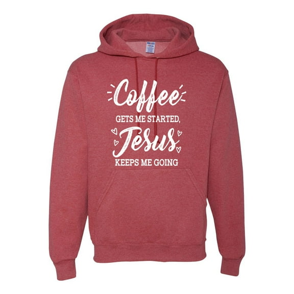 Wild Bobby Coffee Gets Me Started Jesus Keeps Me Going Inspirational/Christian Unisex Graphic Hoodie Sweatshirt, Vintage Heather Red, 3X-Large