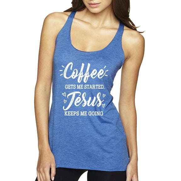 Wild Bobby Coffee Gets Me Started Jesus Keeps Me Going Inspirational/Christian Women Tri-Blend Racerback Tank Top, Vintage Royal, Large