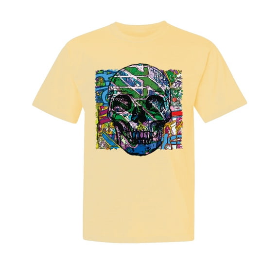 Wild Bobby, Colorful Abstract Skull Face, Animal Lover, Garment-Dyed Washed Look Short Sleeve T-Shirt, Banana, 2XL