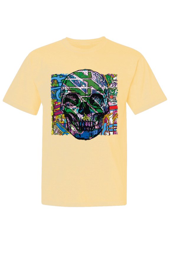 , Colorful Abstract Skull Face, Animal Lover, Garment-Dyed Washed Look Short Sleeve T-Shirt, Banana, 2XL
