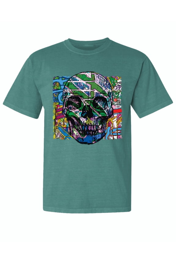 , Colorful Abstract Skull Face, Animal Lover, Garment-Dyed Washed Look Short Sleeve T-Shirt, Emerald, X-Large