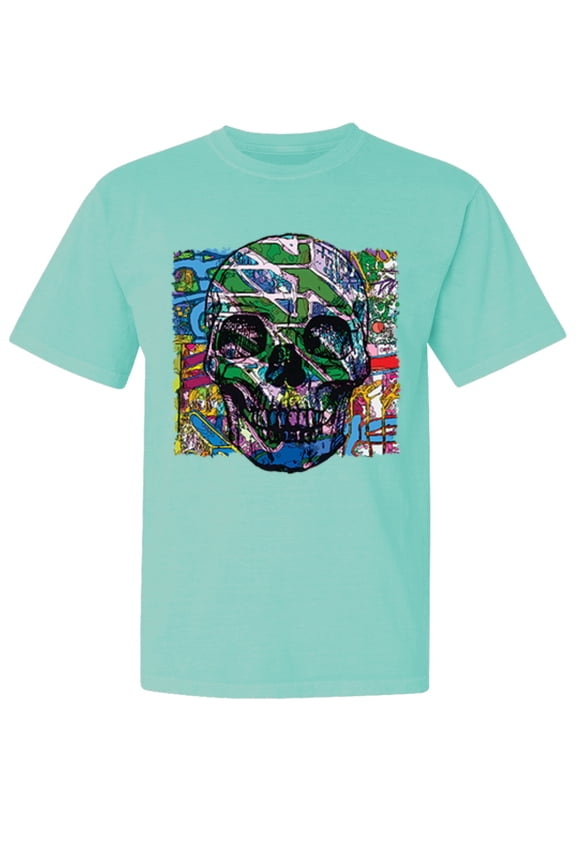 , Colorful Abstract Skull Face, Animal Lover, Garment-Dyed Washed Look Short Sleeve T-Shirt, Mint, 2XL