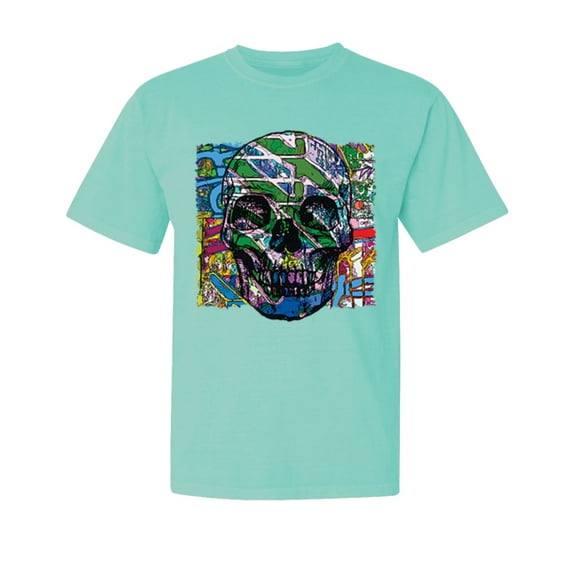 Wild Bobby, Colorful Abstract Skull Face, Animal Lover, Garment-Dyed Washed Look Short Sleeve T-Shirt, Mint, Small