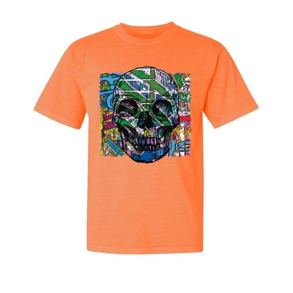 Wild Bobby, Colorful Abstract Skull Face, Animal Lover, Garment-Dyed Washed Look Short Sleeve T-Shirt, Neon Orange, Small