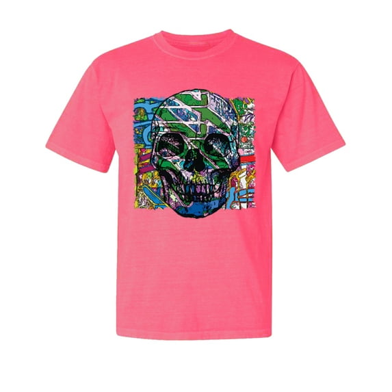 Wild Bobby, Colorful Abstract Skull Face, Animal Lover, Garment-Dyed Washed Look Short Sleeve T-Shirt, Neon Pink, Small